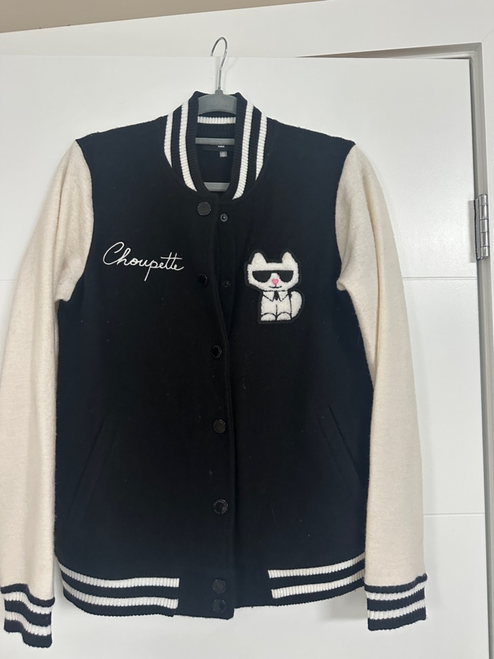 Karl Lagerfeld Black and Cream Varsity Jacket with Cat Patch